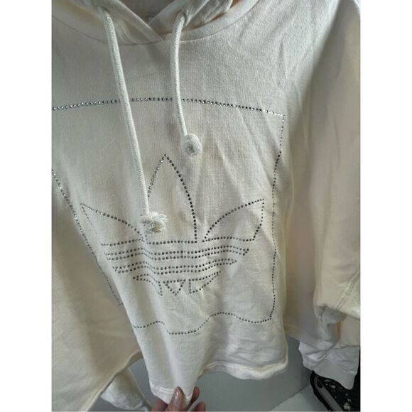 Adidas Off White Rhinestone Logo Cropped Hoodie Size M - Picture 3 of 10